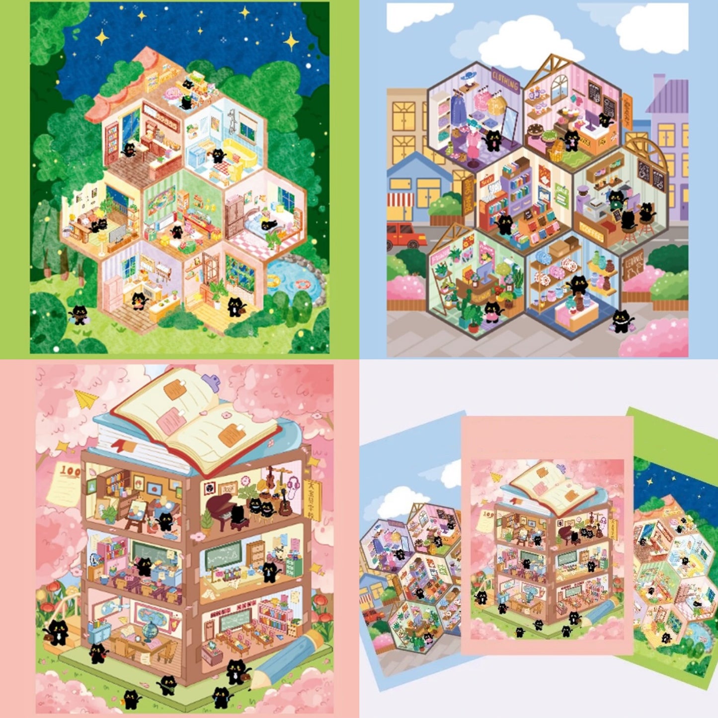 3D Sticker Scene: DIY Little Black Cat Home Cat Shop Cat School