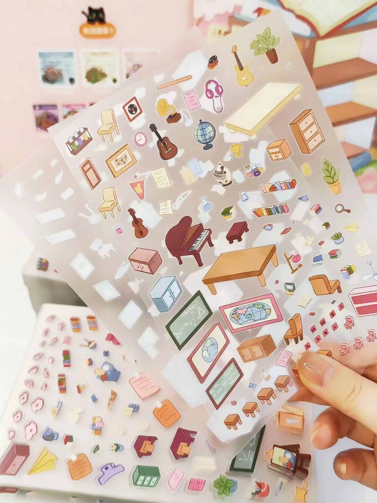3D Sticker Scene: DIY Little Black Cat Home Cat Shop Cat School