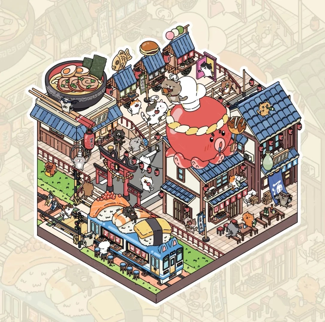DIY Cute Cat 3D Sticker Scene: Japantwon Cat Farm Breakfast Street Western Town