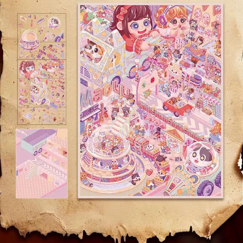 Big Size Sticker Scene DIY Alice's Dream Cat Park Mobile Castle Book Shop