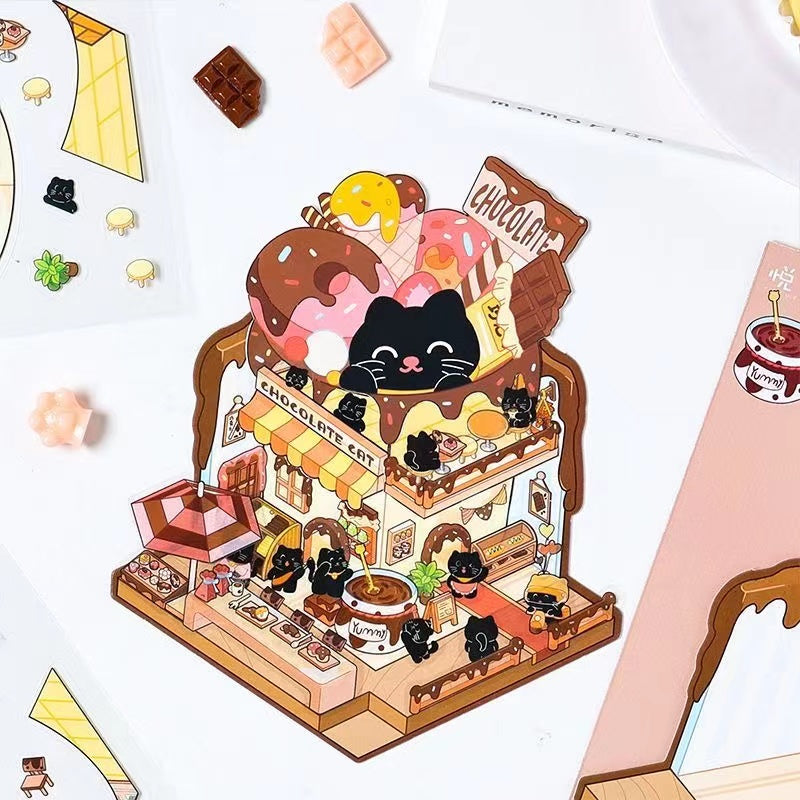Black Kitty Bakery Coffee Dessert Shop 3D Miniature Landscape Scene Stickers