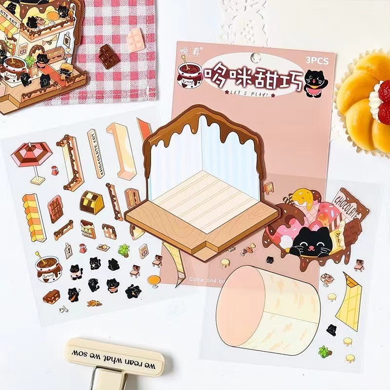 Black Kitty Bakery Coffee Dessert Shop 3D Miniature Landscape Scene Stickers