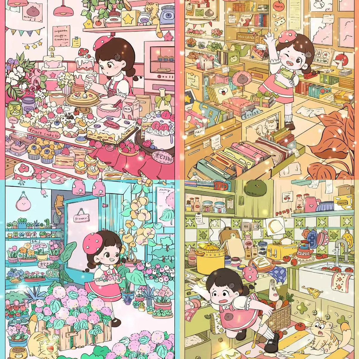 DIY Sweetie Cake illustrated Bookstore Flower Shop Kitchen 3D Sticker Scene