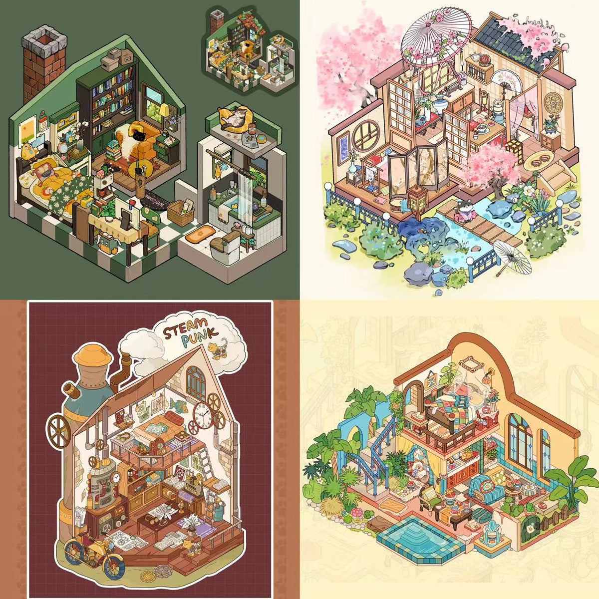 3D Sticker Scene Meow Loft Sakura Court Moro Nest Steam Hall DIY Sticker Kit