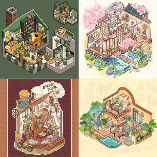 3D Sticker Scene Meow Loft Sakura Court Moro Nest Steam Hall DIY Sticker Kit