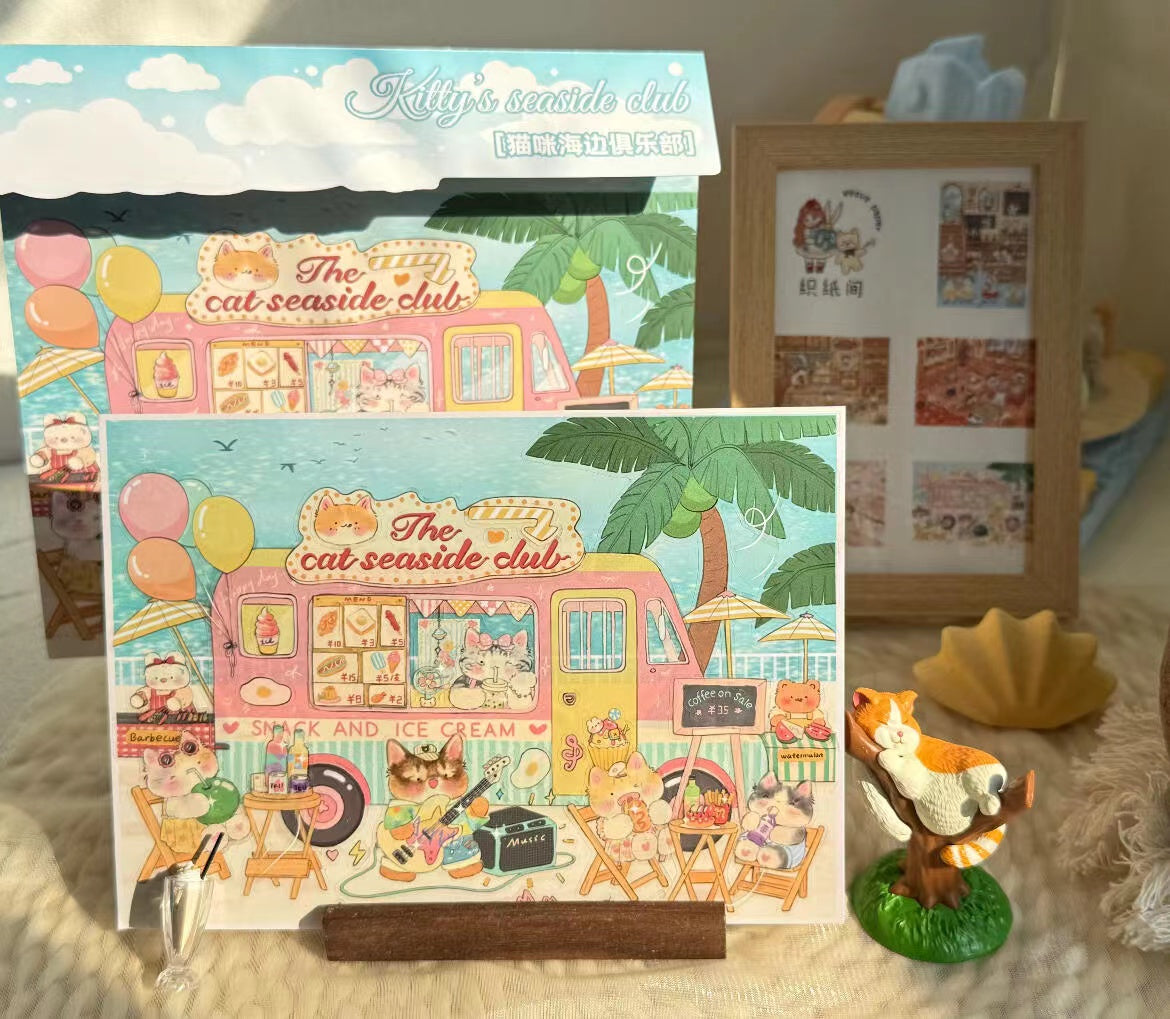DIY Kitty Puzzle Sticker, Seaside Club|Beatuty Shop|Coffee|Bakery|New Year