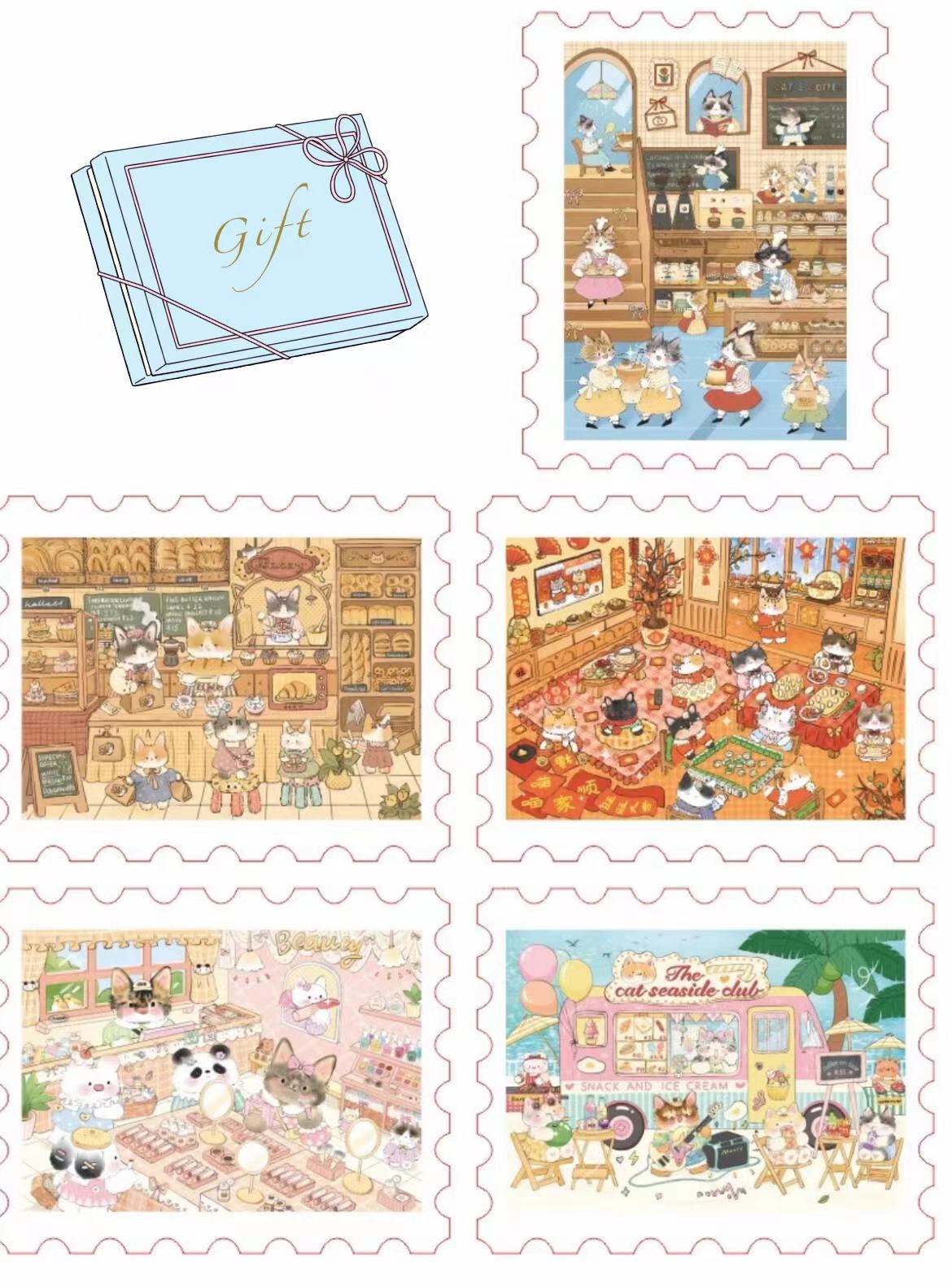 DIY Kitty Puzzle Sticker, Seaside Club|Beatuty Shop|Coffee|Bakery|New Year