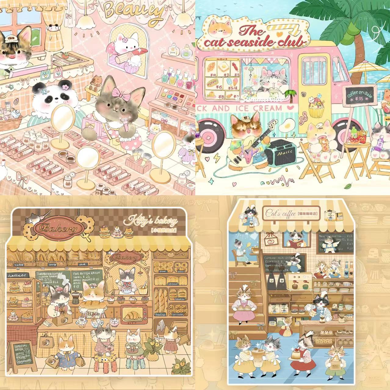 DIY Kitty Puzzle Sticker, Seaside Club|Beatuty Shop|Coffee|Bakery|New Year