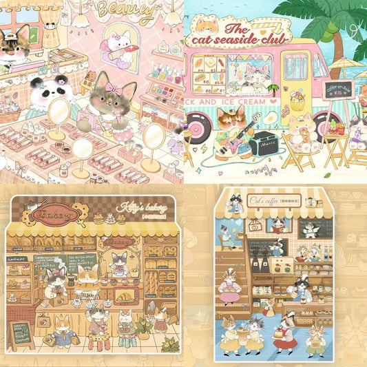 DIY Kitty Puzzle Sticker, Seaside Club|Beatuty Shop|Coffee|Bakery|New Year