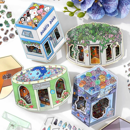 3D Deco Scene Sticker Doll House Rock Color Room Tailor Shop Green Plant Pavilion