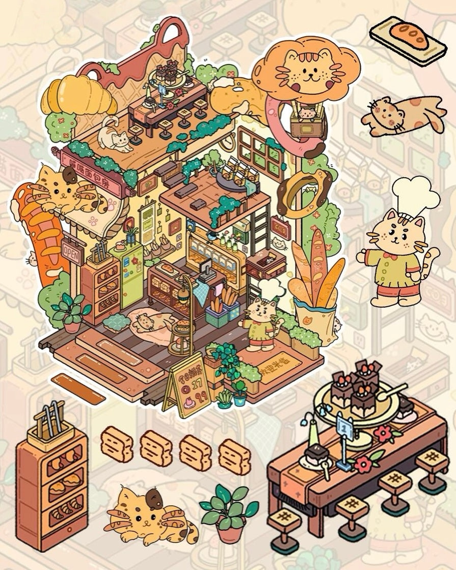DIY Cute Cat Bakery Fast Food 3D Sticker Scene