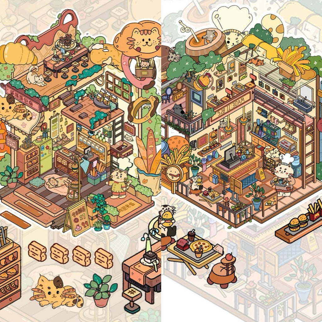 DIY Cute Cat Bakery Fast Food 3D Sticker Scene