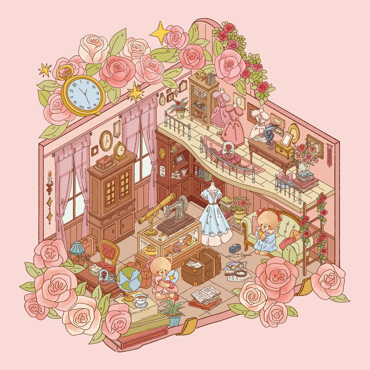 3D Miniature Scene Stickers DIY Little Bear’s Romantic Cottage Afternoon Tea
