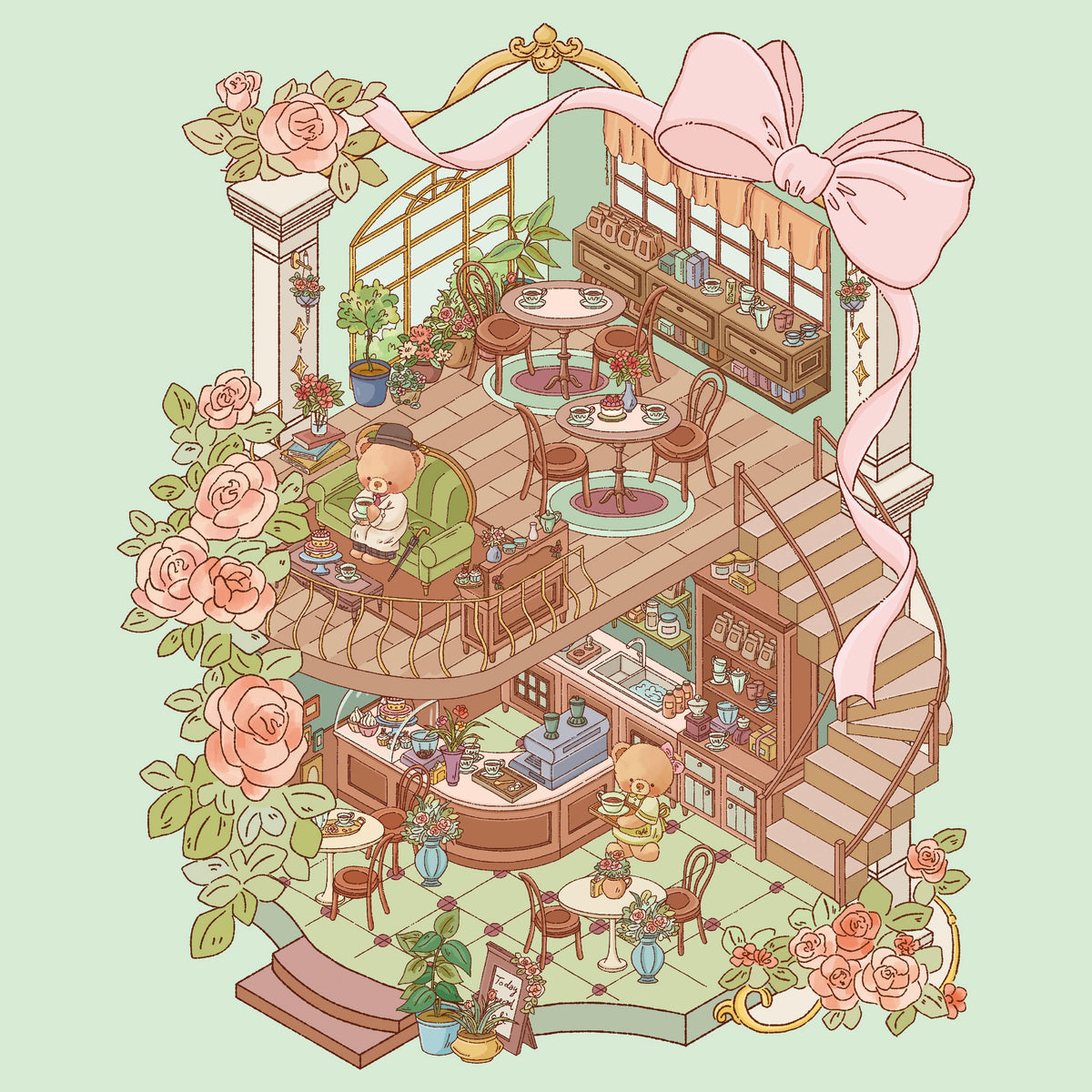 3D Miniature Scene Stickers DIY Little Bear’s Romantic Cottage Afternoon Tea