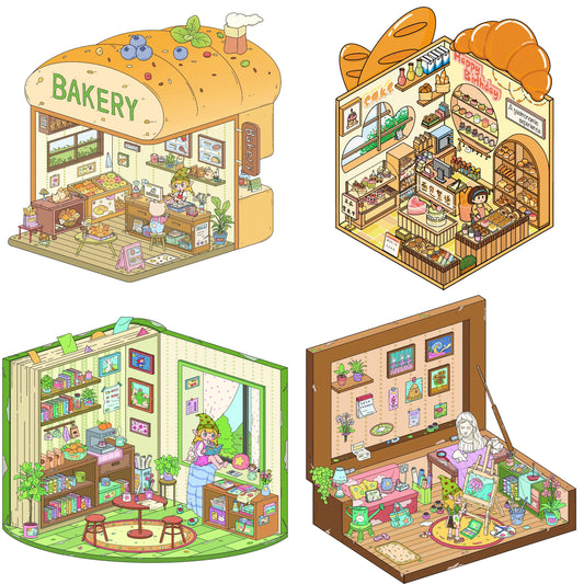 DIY 3D Dessert Shop Bakery BookStore Art Studio Miniature Scene Stickers