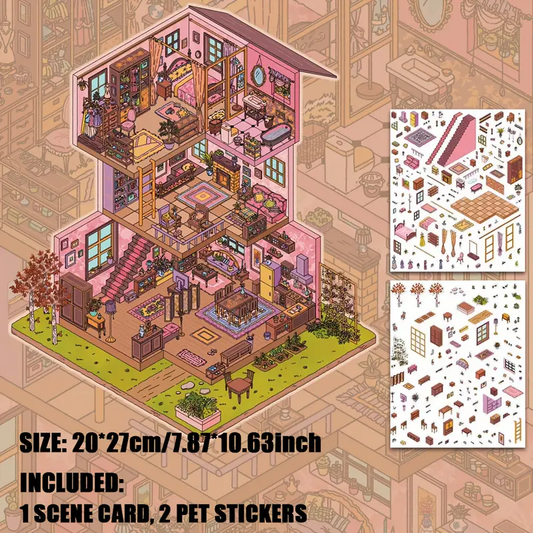 3D Miniature Scene Stickers, Make Pink Villa Mushroom Floral House Sky Paradise