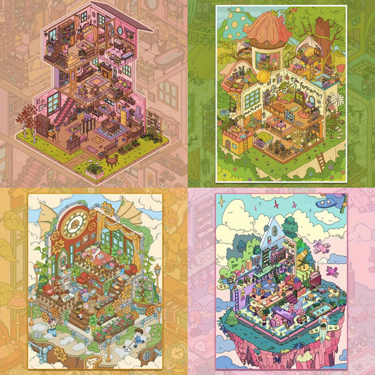 3D Miniature Scene Stickers, Make Pink Villa Mushroom Floral House Sky Paradise