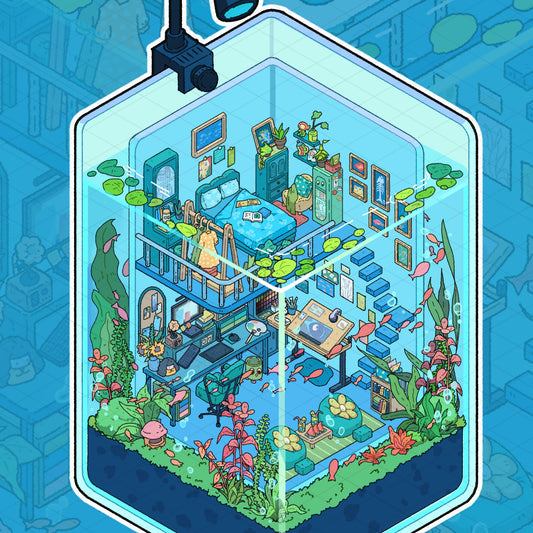 Flip-open 3D Sticker Create Home in the Fish Tank Cottage
