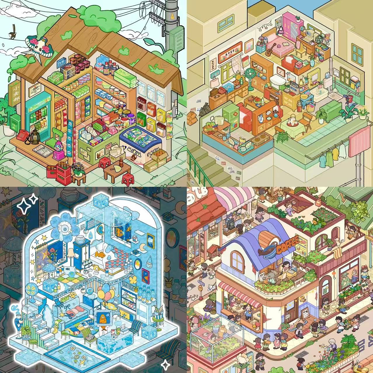 DIY Aquatic Creatures Commercial Street Convenience Store 3D House Stickers