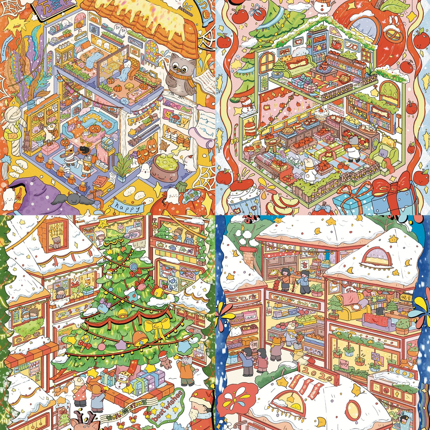 Christmas Eve Halloween Happy New Year 3D Miniature Scene Stickers