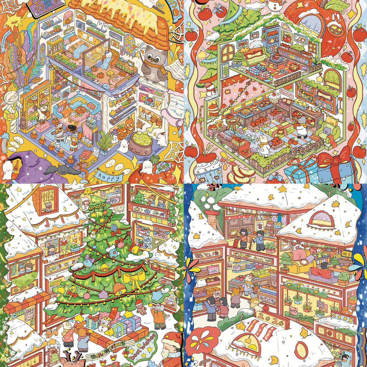 Christmas Eve Halloween Happy New Year 3D Miniature Scene Stickers