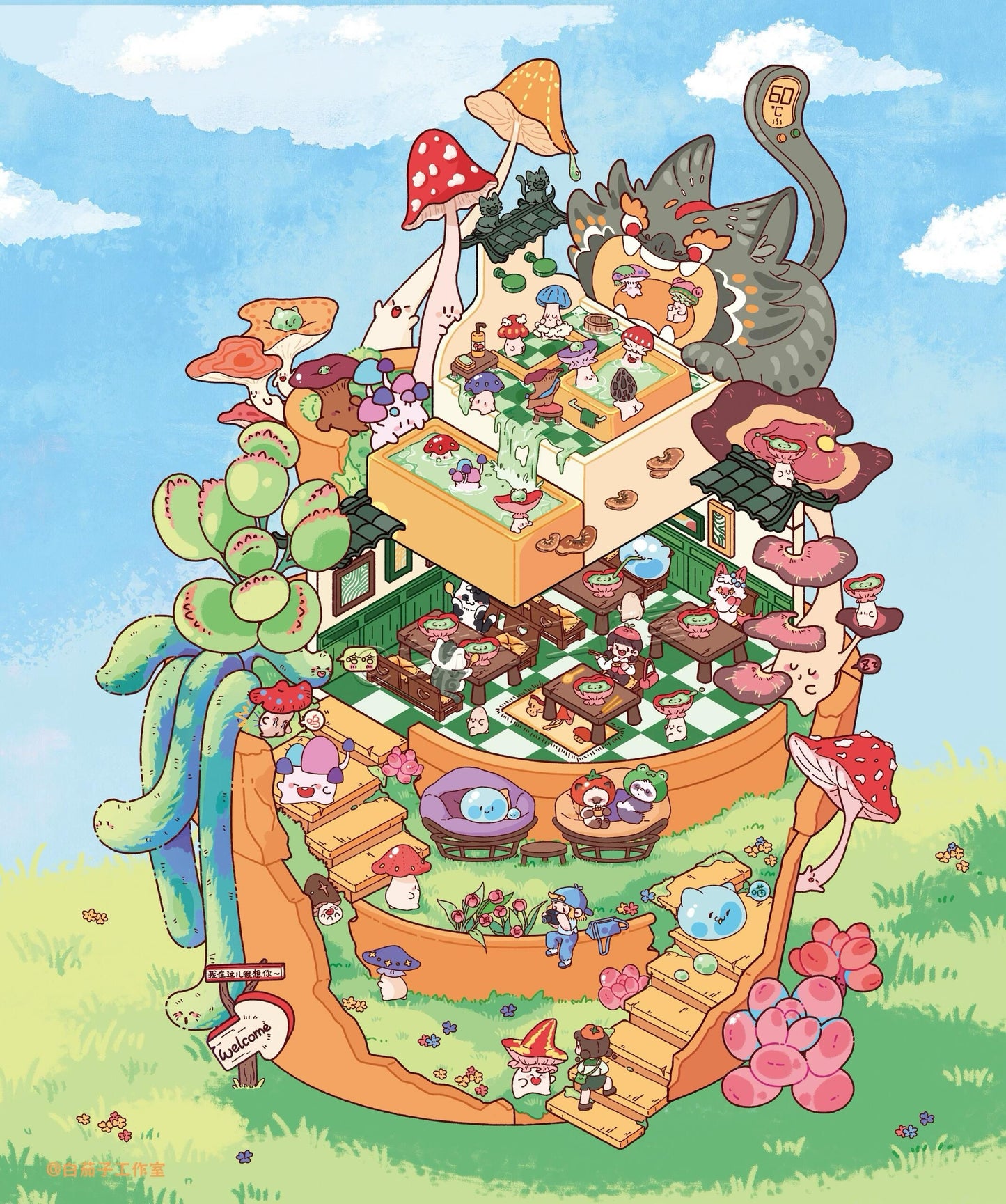 Repair Doll House Monster Tavern Mushroom Soup in Flowerpot Bee Scene Stickers