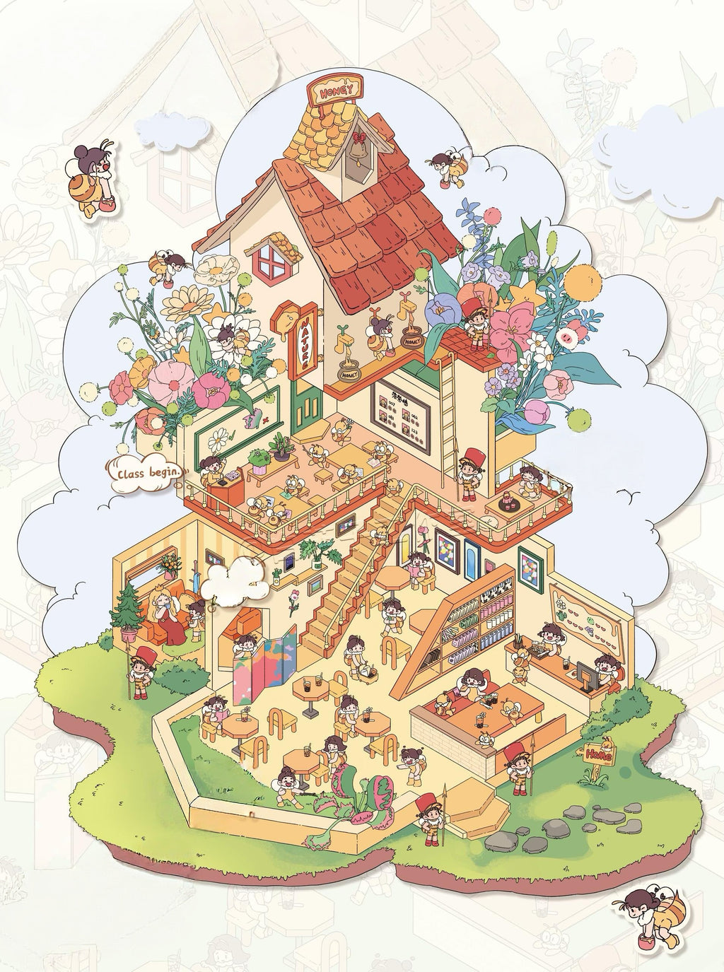 Repair Doll House Monster Tavern Mushroom Soup in Flowerpot Bee Scene Stickers