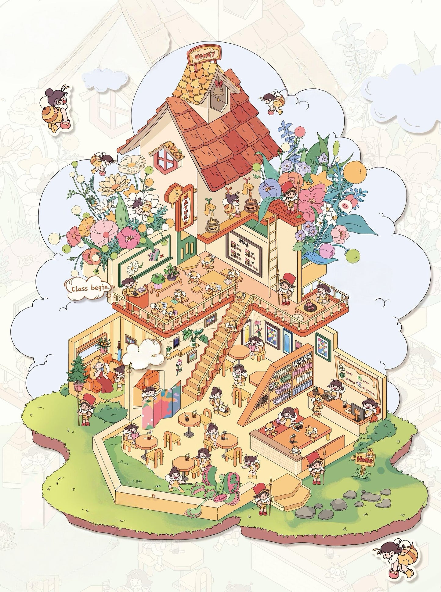 Repair Doll House Monster Tavern Mushroom Soup in Flowerpot Bee Scene Stickers