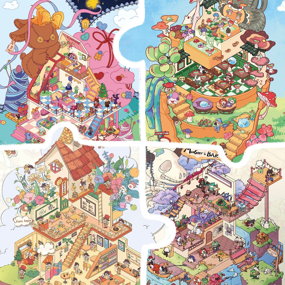 Repair Doll House Monster Tavern Mushroom Soup in Flowerpot Bee Scene Stickers