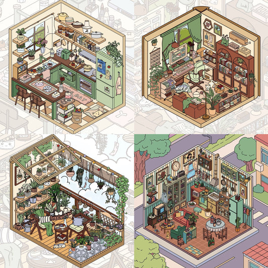 Daily Life Home Scene Stickers – Kitchen, Balcony, Study & Living Room Decor