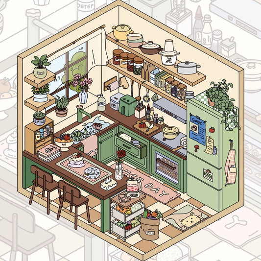 Daily Life Home Scene Stickers – Kitchen, Balcony, Study & Living Room Decor