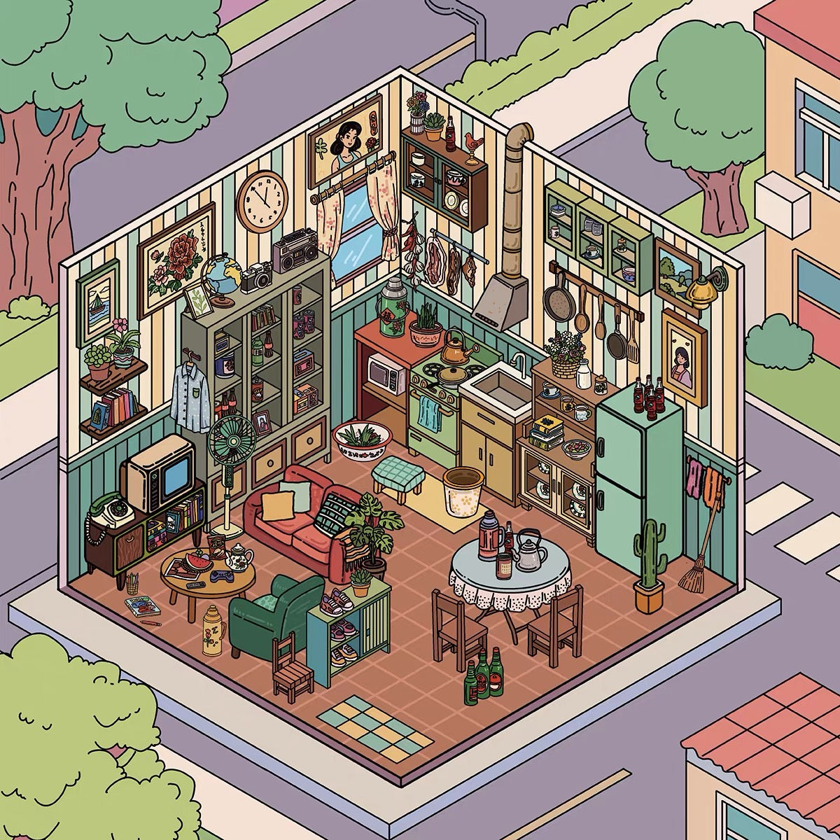 Daily Life Home Scene Stickers – Kitchen, Balcony, Study & Living Room Decor