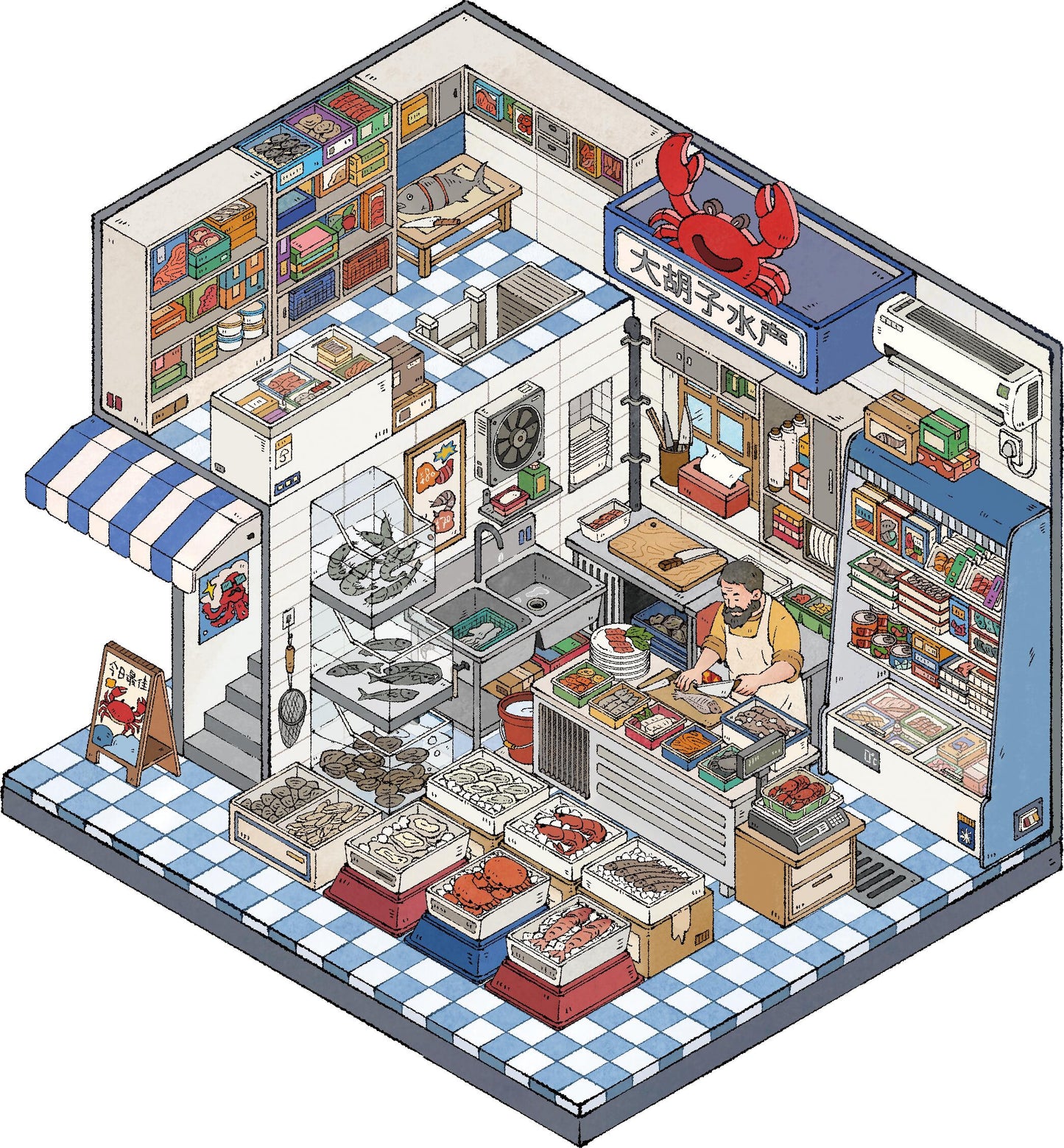 3D Sticker Fish Market, Handmade Customization Shop, Breakfast Restaurant, Bakery