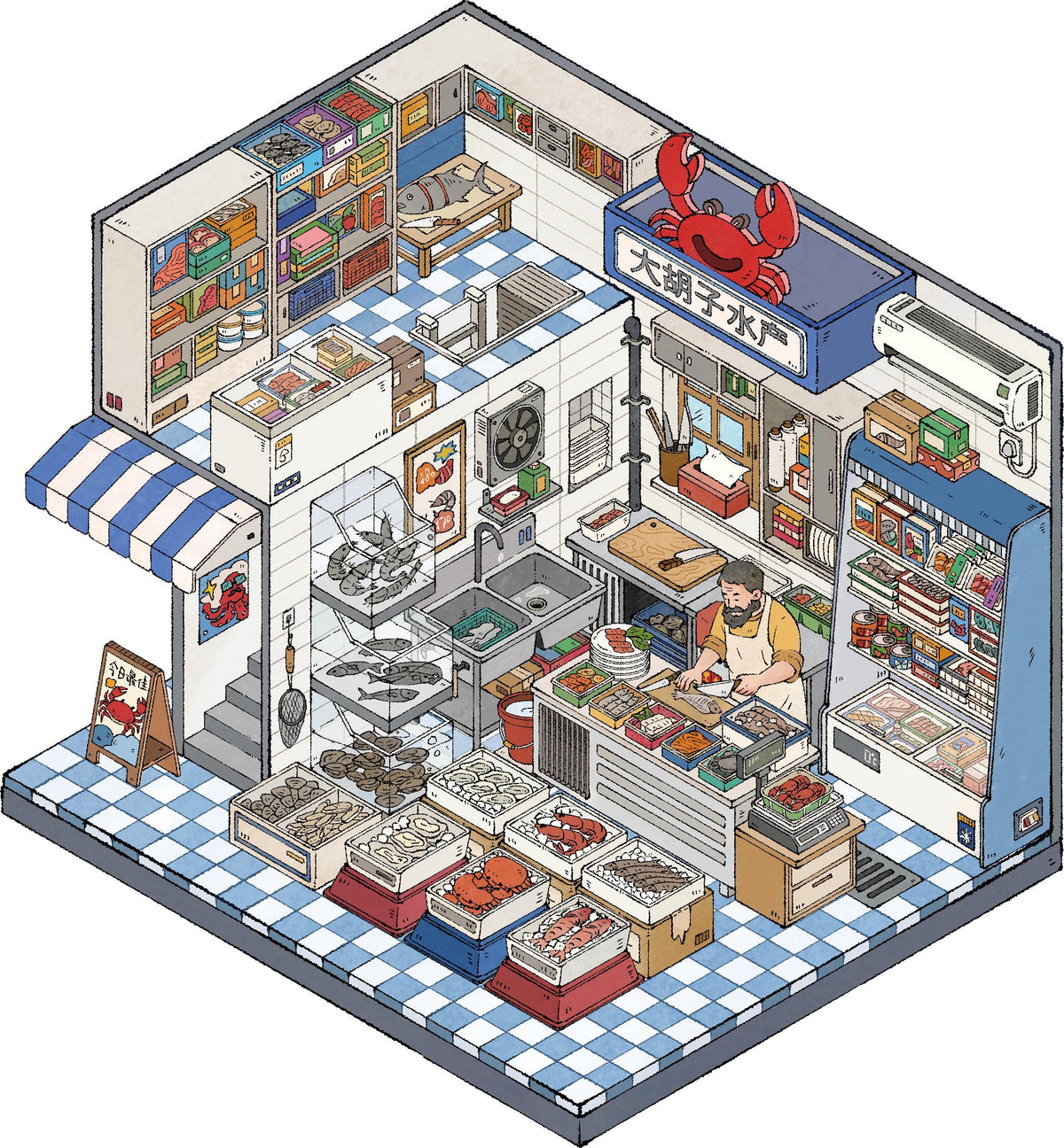 3D Sticker Fish Market, Handmade Customization Shop, Breakfast Restaurant, Bakery