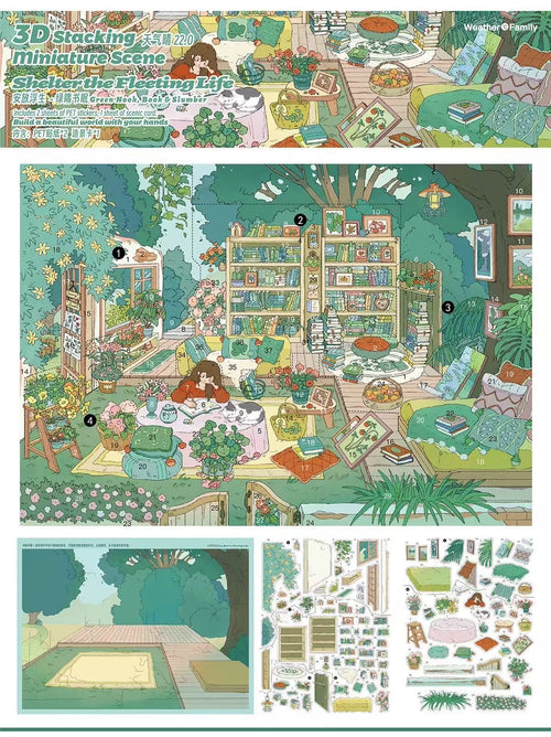 3D Scene Stickers Green Bookstore Pink Jelly Dreams Whale Reverie