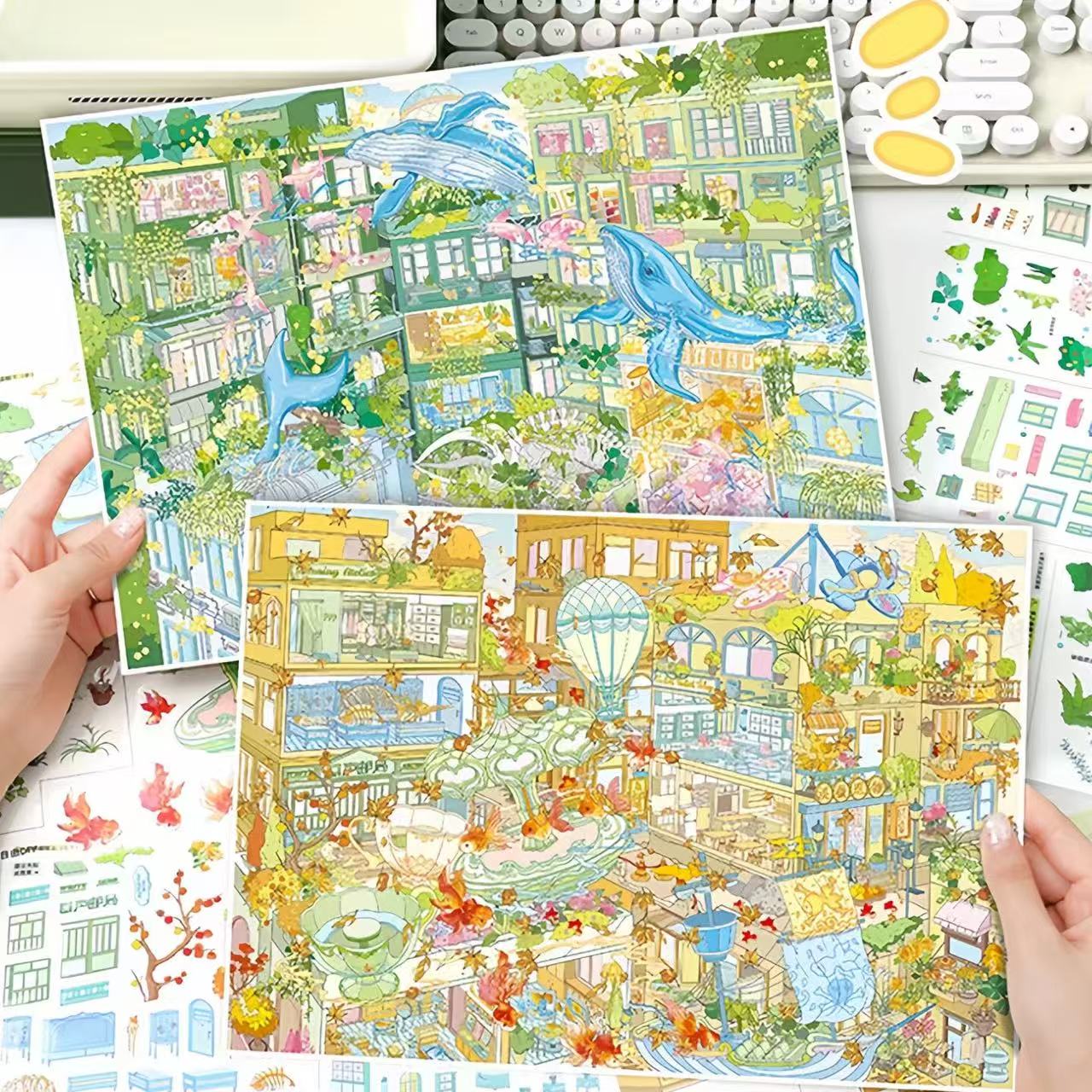 3D Scene Stickers Green Bookstore Pink Jelly Dreams Whale Reverie