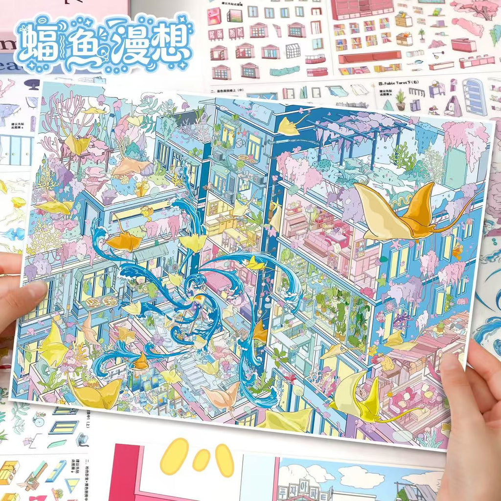 3D Scene Stickers Green Bookstore Pink Jelly Dreams Whale Reverie