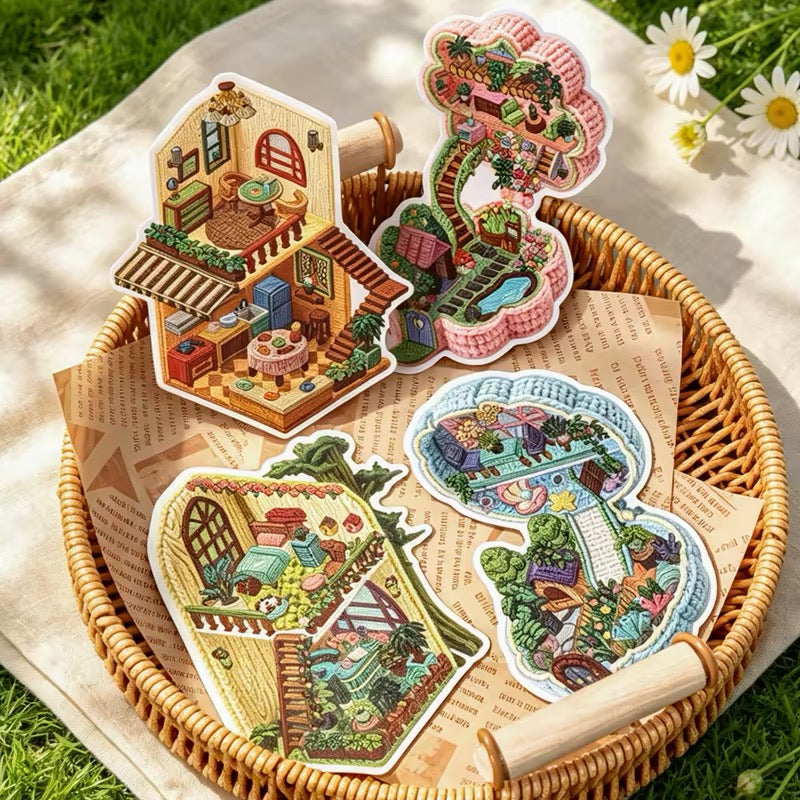 Embroidery Art DIY Cute Bus Miniature House 3D Scene Sticker