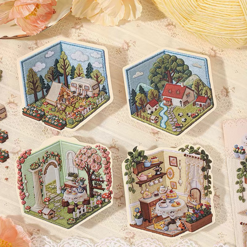 Embroidery 3D Scene Sticker Grassland Village European Town Garden