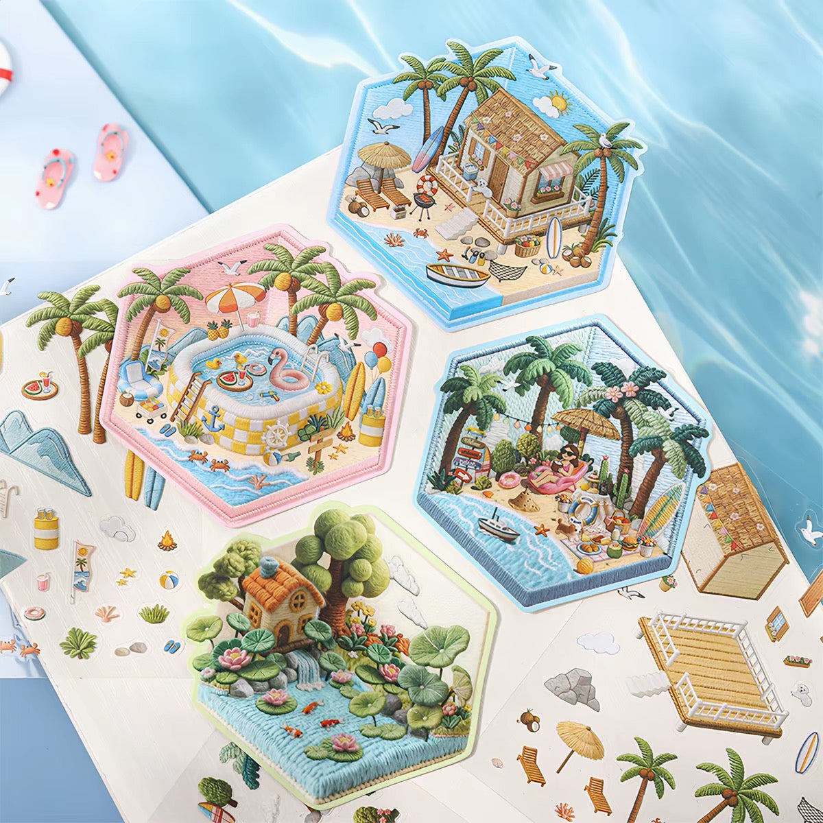 Embroidery 3D Scene Sticker Grassland Village European Town Garden