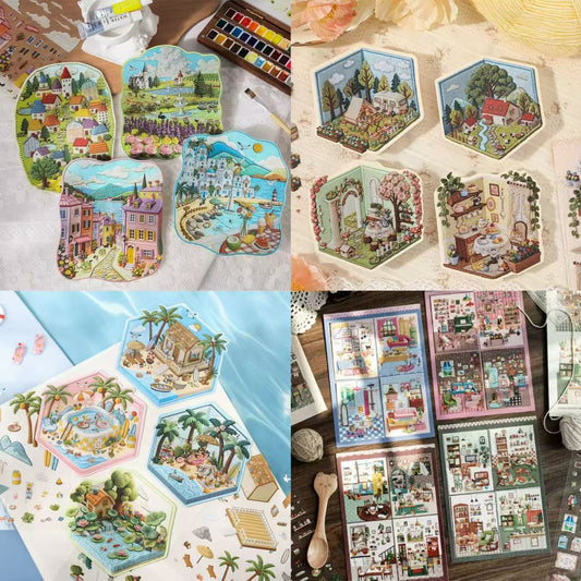 Embroidery 3D Scene Sticker Grassland Village European Town Garden