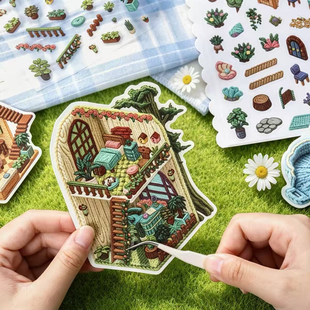 Embroidery Art DIY Cute Bus Miniature House 3D Scene Sticker