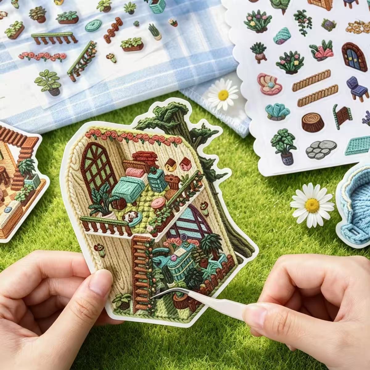 Embroidery Art DIY Cute Bus Miniature House 3D Scene Sticker