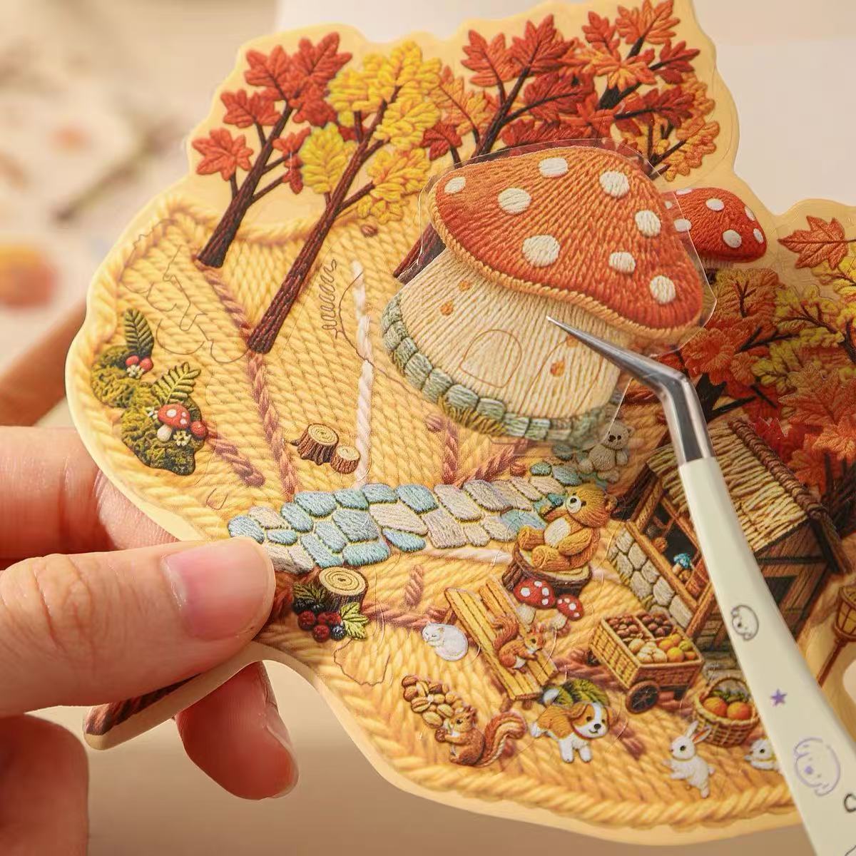 Embroidery 3D Scene Sticker Grassland Village European Town Garden
