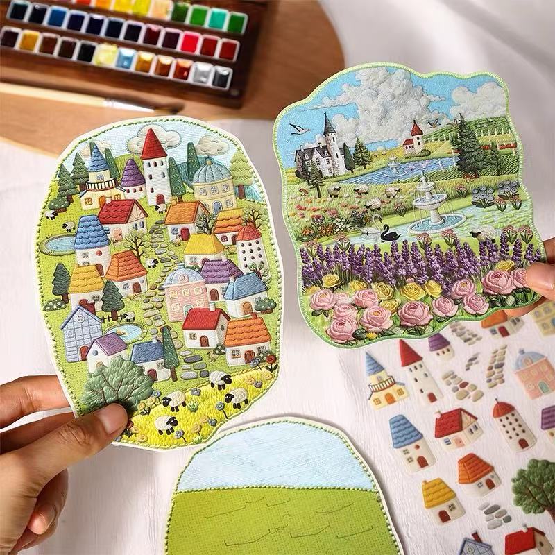 Embroidery 3D Scene Sticker Grassland Village European Town Garden