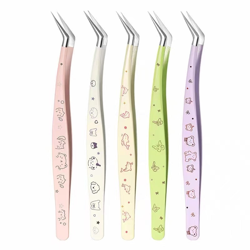 Cute Angled Precision Tweezers with Protective Case for Sticker Crafts