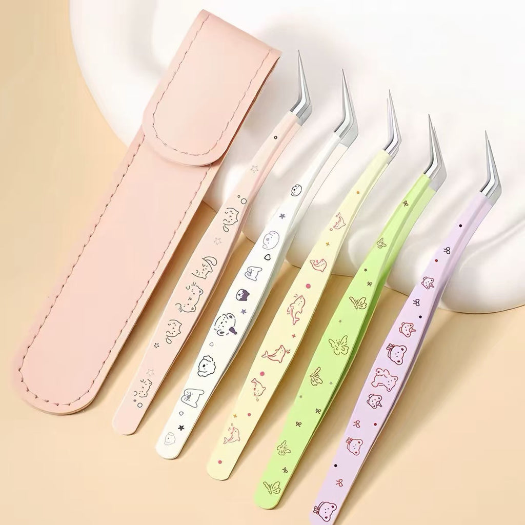 Cute Angled Precision Tweezers with Protective Case for Sticker Crafts