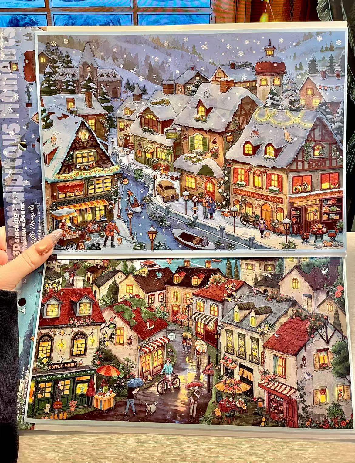 Snowy Night Market Winter 3D Landscape Sticker