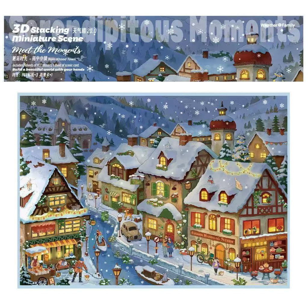Snowy Night Market Winter 3D Landscape Sticker