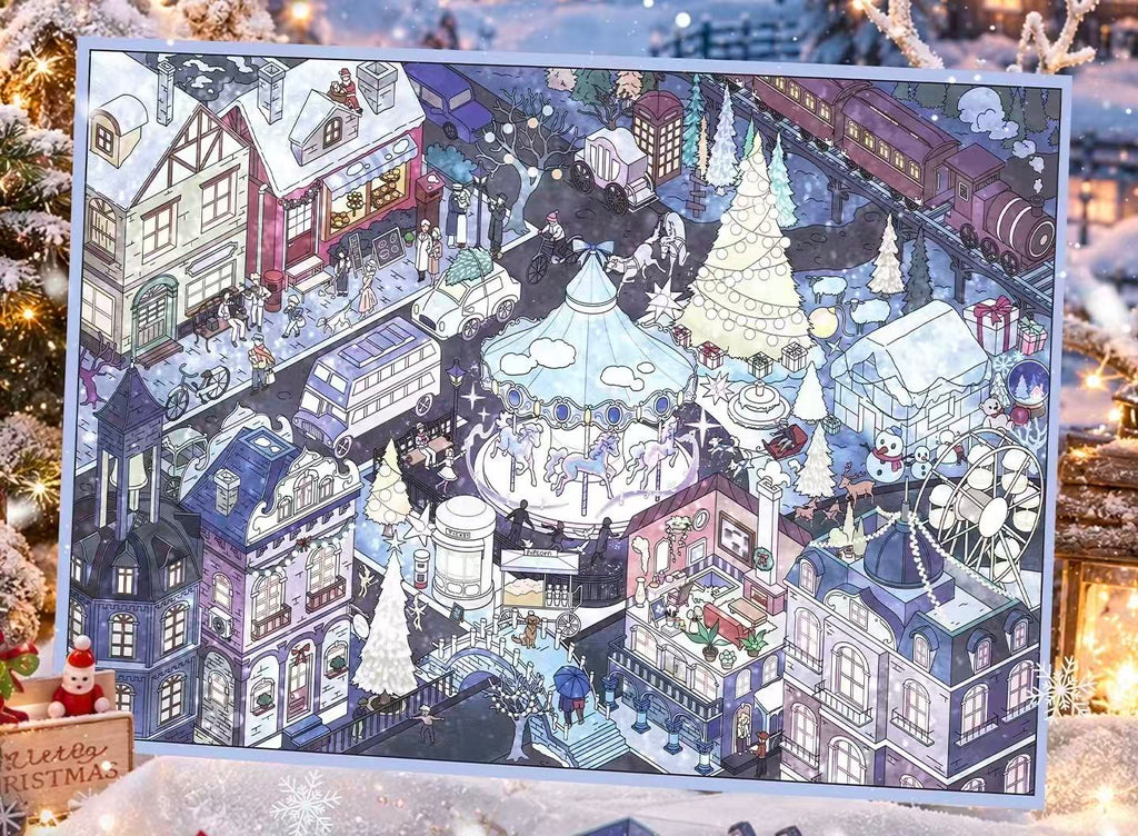 Snowy Night Market Winter 3D Landscape Sticker